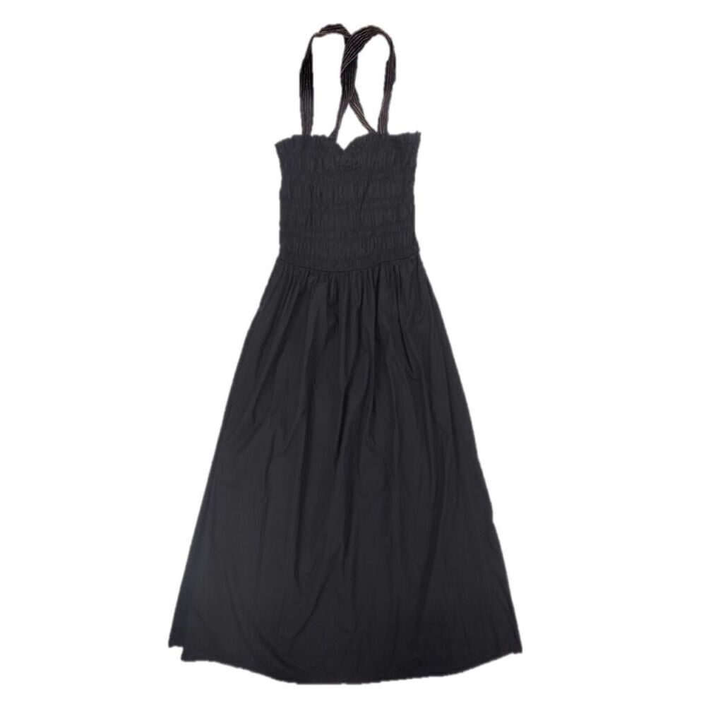 NWT Zara Topstitched Smocked Poplin Midi Dress Black Resort Beachy Minimal Boho